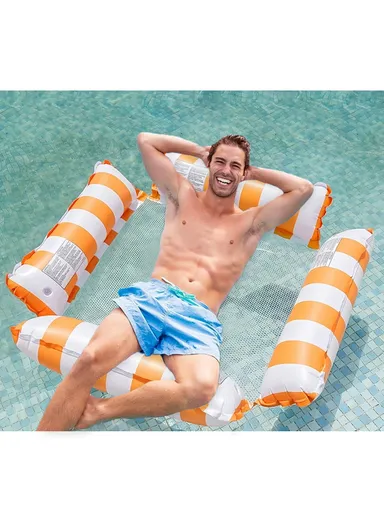 Inflatable Floating Lounger Foldable Backrest Stripe Water Hammock For Adults Pool Float 4 Tube Design - Orange