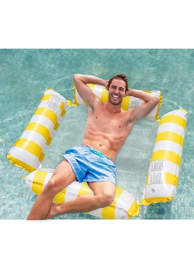 Inflatable Floating Lounger Foldable Backrest Stripe Water Hammock For Adults Pool Float 4 Tube Design - Yellow