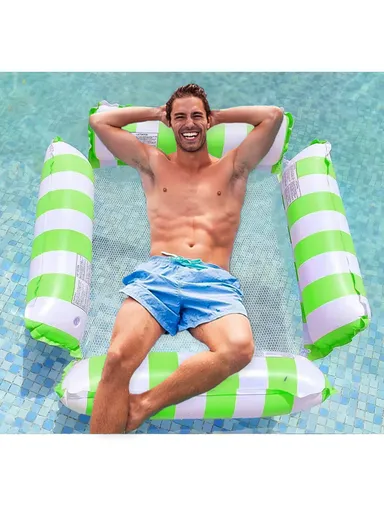 Inflatable Floating Lounger Foldable Backrest Stripe Water Hammock For Adults Pool Float 4 Tube Design - Green