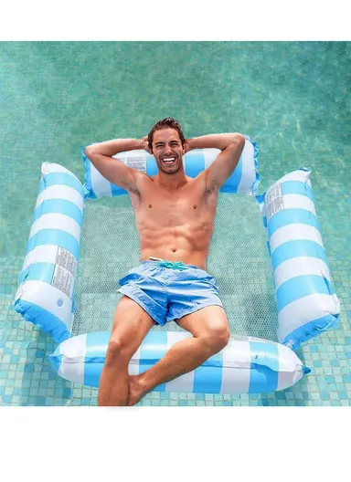 Inflatable Floating Lounger Foldable Backrest Stripe Water Hammock For Adults Pool Float 4 Tube Design - Baby Blue