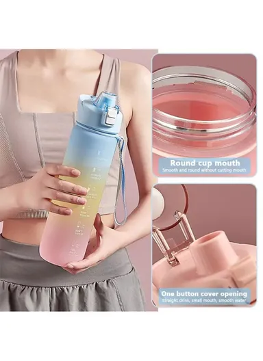 1000ml Large-Capacity Leakproof Fitness Drinking BPA Free Water Bottle With Time Marker - Pink / With Straw