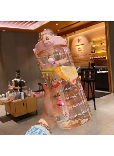 2L Leakproof Water Bottle Motivational Fitness Outdoor Water Jugs with Time Marker &amp; Straw - Pink / with 3D Stickers