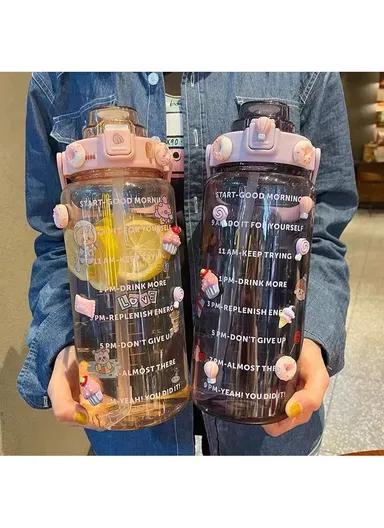 2L Leakproof Water Bottle Motivational Fitness Outdoor Water Jugs with Time Marker &amp; Straw - Pink / with 3D Stickers