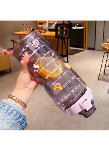 2L Leakproof Water Bottle Motivational Fitness Outdoor Water Jugs with Time Marker &amp; Straw - Pink / with 3D Stickers