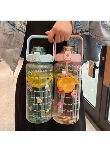 2L Leakproof Water Bottle Motivational Fitness Outdoor Water Jugs with Time Marker &amp; Straw - Pink / with 3D Stickers