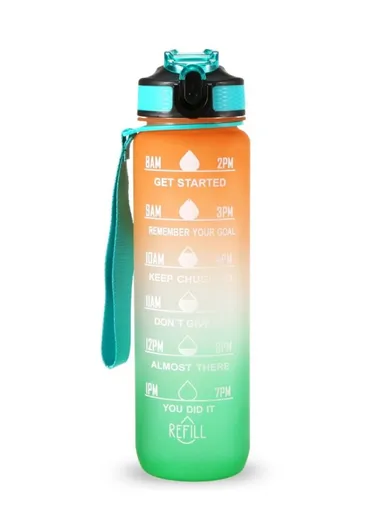 1L Sports Water Bottle with Time Marker Water Jug Leak-proof Drinking Kettle - Orange &amp; Green