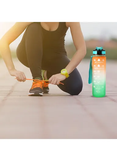1L Sports Water Bottle with Time Marker Water Jug Leak-proof Drinking Kettle - Orange &amp; Green