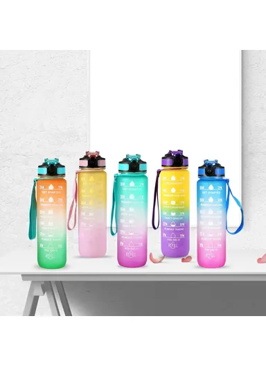 1L Sports Water Bottle with Time Marker Water Jug Leak-proof Drinking Kettle - Orange &amp; Green