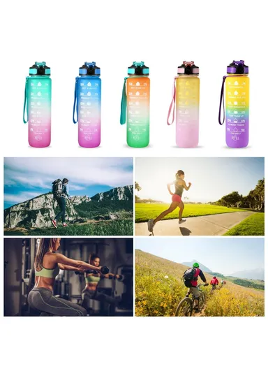 1L Sports Water Bottle with Time Marker Water Jug Leak-proof Drinking Kettle - Orange &amp; Green