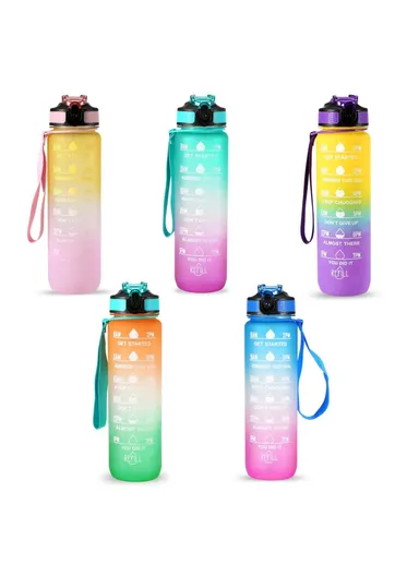 1L Sports Water Bottle with Time Marker Water Jug Leak-proof Drinking Kettle - Orange &amp; Green