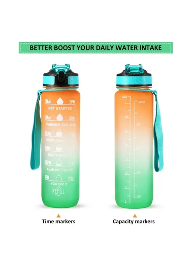 1L Sports Water Bottle with Time Marker Water Jug Leak-proof Drinking Kettle - Orange &amp; Green