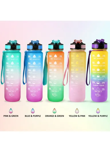 1L Sports Water Bottle with Time Marker Water Jug Leak-proof Drinking Kettle - Orange &amp; Green