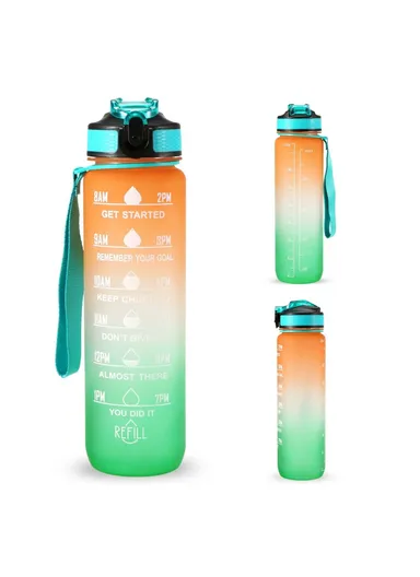 1L Sports Water Bottle with Time Marker Water Jug Leak-proof Drinking Kettle - Orange &amp; Green