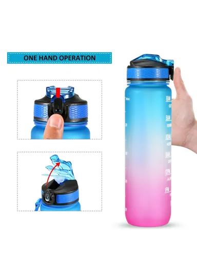 1L Sports Water Bottle with Time Marker Water Jug Leak-proof Drinking Kettle - Orange &amp; Green