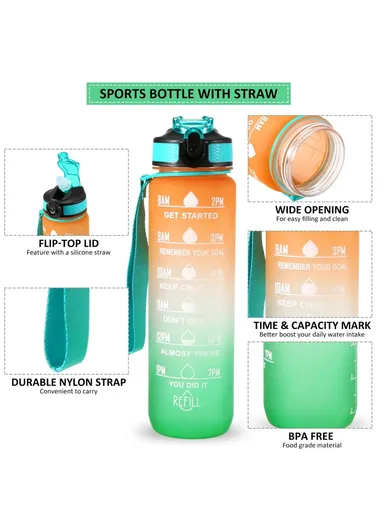 1L Sports Water Bottle with Time Marker Water Jug Leak-proof Drinking Kettle - Orange &amp; Green