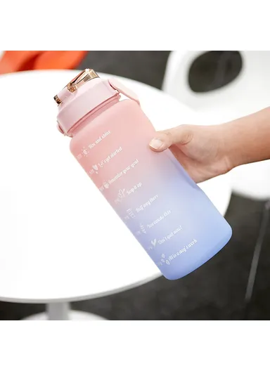 2L Portable Outdoor Travel Sports Water Bottle Fitness Straw Cup with Time Marker - Gradient Pink