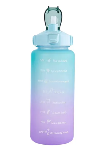 2L Portable Outdoor Travel Sports Water Bottle Fitness Straw Cup with Time Marker - Gradient Cyan