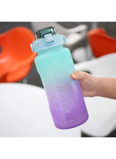 2L Portable Outdoor Travel Sports Water Bottle Fitness Straw Cup with Time Marker - Gradient Cyan