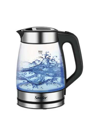 1.7L 2200W Stainless steel + Brsocillate glass Cordless Electric Water Kettle With Removable Base SF-2136 - Black