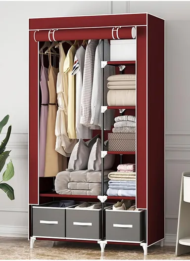 2-Section Non-Woven Fabric Cloth Boxes Cabinet with Hanging Rails &amp; 3 Fabric Drawers, Multi-Use Large Space Dustproof Cloth Boxes Cabinet YY8108 (W95 x D45 x H165)cm - Wine Red