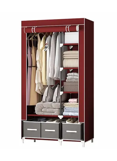 2-Section Non-Woven Fabric Cloth Boxes Cabinet with Hanging Rails &amp; 3 Fabric Drawers, Multi-Use Large Space Dustproof Cloth Boxes Cabinet YY8108 (W95 x D45 x H165)cm - Wine Red