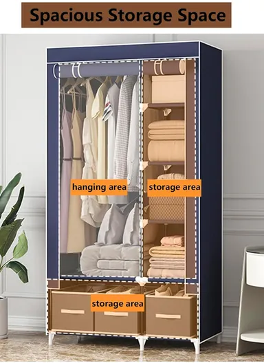 2-Section Non-Woven Fabric Cloth Boxes Cabinet with Hanging Rails &amp; 3 Fabric Drawers, Multi-Use Large Space Dustproof Cloth Boxes Cabinet YY8108 (W95 x D45 x H165)cm - Wine Red