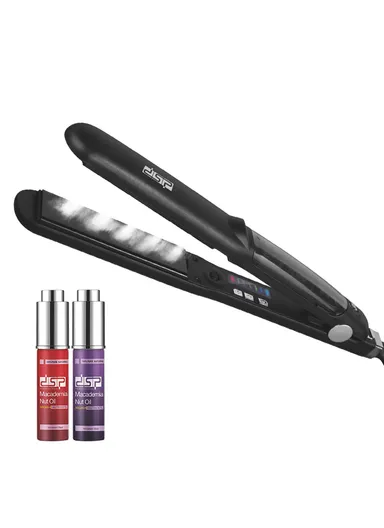 60W Professional Titanium Plate Hair Straightener with Steam Holes, Color Lights, 6 Temperature Settings &amp; LED Display 10255 - Black