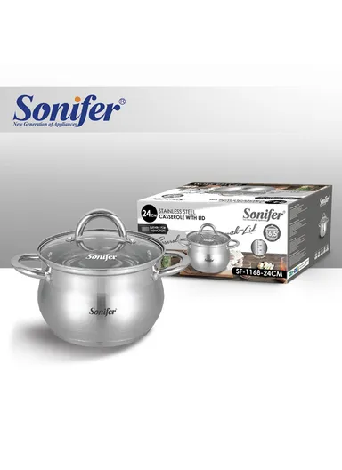 24cm 6.5L Stewpot Non-Stick Coating Stainless Steel Glass Lid, Ergonomic Handle SF-1168