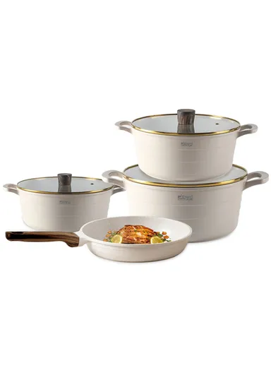 15 Pieces Set Die-Casting Non-Stick Aluminum Multicookware Casserole &amp; Pan with Apron, Spatulas &amp; Gloves CA018-S02 - Beige