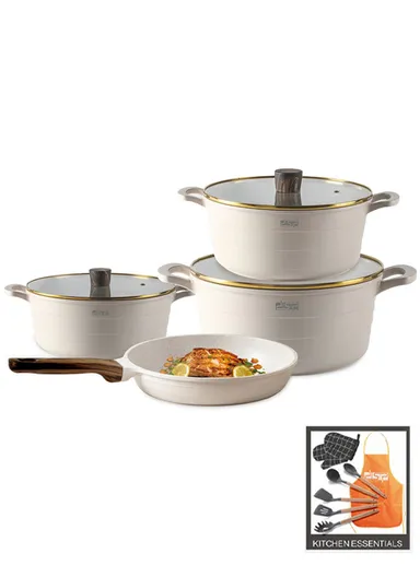 15 Pieces Set Die-Casting Non-Stick Aluminum Multicookware Casserole &amp; Pan with Apron, Spatulas &amp; Gloves CA018-S02 - Beige