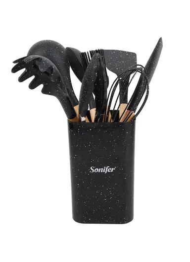 9Pcs / Set Silicone Cooking Utensils with Wooden Handle (BPA-Free, FDA Certified) - Black