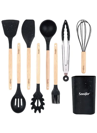 9Pcs / Set Silicone Cooking Utensils with Wooden Handle (BPA-Free, FDA Certified) - Black
