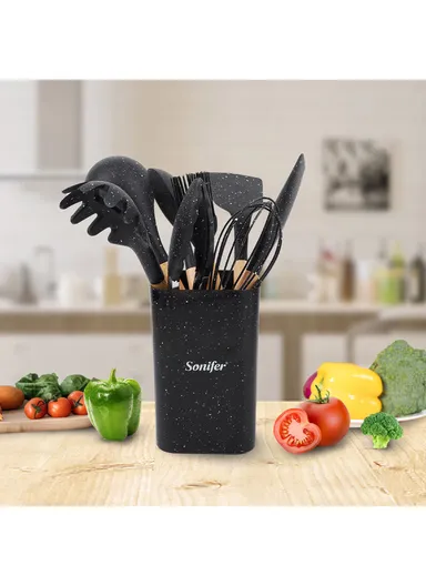 9Pcs / Set Silicone Cooking Utensils with Wooden Handle (BPA-Free, FDA Certified) - Black