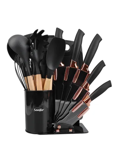 19-in-1 Kitchen Knife Set Include 11 PCS Silicone Cooking Utensils Set 5 PCS Sharp Stainless Steel Chef Knives Scissors, Cutting Board &amp; Storage Bucket - Black