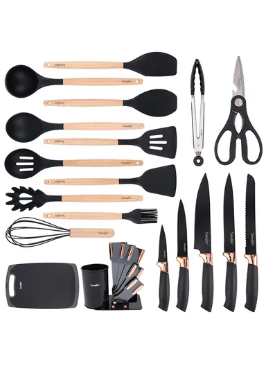 19-in-1 Kitchen Knife Set Include 11 PCS Silicone Cooking Utensils Set 5 PCS Sharp Stainless Steel Chef Knives Scissors, Cutting Board &amp; Storage Bucket - Black
