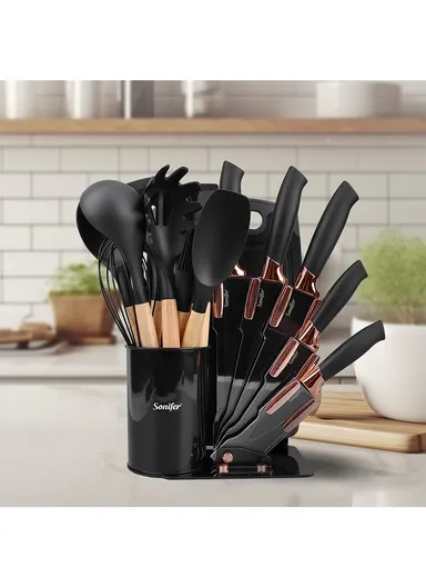 19-in-1 Kitchen Knife Set Include 11 PCS Silicone Cooking Utensils Set 5 PCS Sharp Stainless Steel Chef Knives Scissors, Cutting Board &amp; Storage Bucket - Black