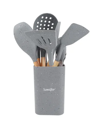 12Pcs / Set Silicone Cooking Utensils with Wooden Handle (BPA-Free, FDA Certified) - Grey