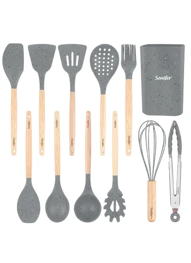 12Pcs / Set Silicone Cooking Utensils with Wooden Handle (BPA-Free, FDA Certified) - Grey