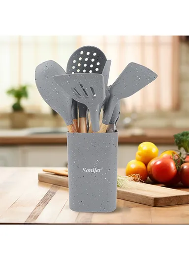12Pcs / Set Silicone Cooking Utensils with Wooden Handle (BPA-Free, FDA Certified) - Grey