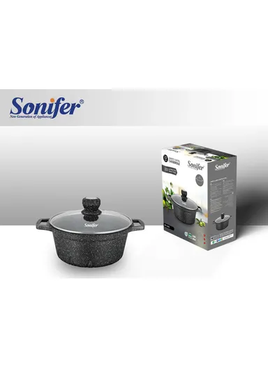 26cm 4.4L Ceramic Coated Pot with Silicone Handle &amp; Flat Glass Lid SF-1163-26