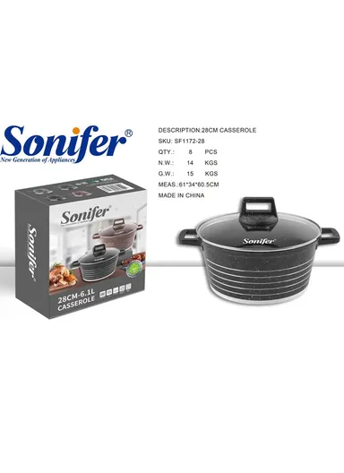 28cm 6.1L Granite &amp; Stainless Steel Casserole Non-Stick, High-Temperature Cooking with Glass Lid SF-1172-28 - Black