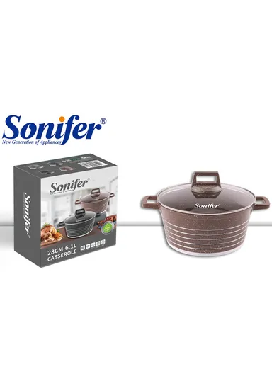 28cm 6.1L Granite &amp; Stainless Steel Casserole Non-Stick, High-Temperature Cooking with Glass Lid SF-1172-28 - Coffee