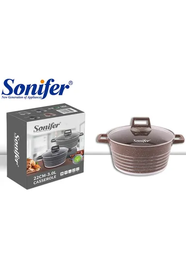 22cm 3L Granite &amp; Stainless Steel Casserole Non-Stick, High-Temperature Cooking with Glass Lid SF-1172-22 - Coffee