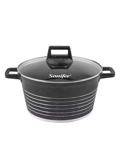 20cm 2.4L Granite &amp; Stainless Steel Casserole Non-Stick, High-Temperature Cooking with Glass Lid SF-1172-20 - Black