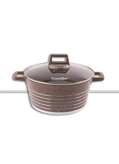 30cm 7.5L Granite &amp; Stainless Steel Casserole Non-Stick, High-Temperature Cooking with Glass Lid SF-1172-24 - Coffee