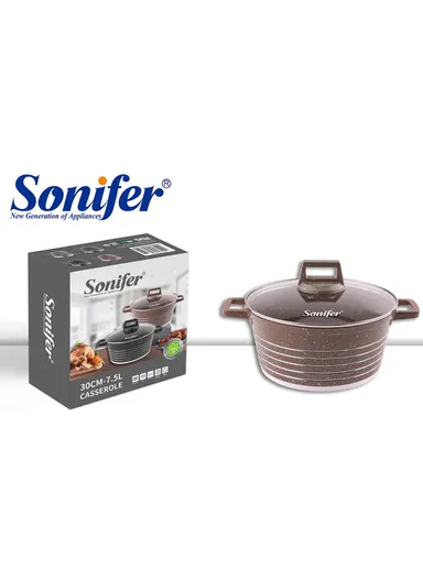 30cm 7.5L Granite &amp; Stainless Steel Casserole Non-Stick, High-Temperature Cooking with Glass Lid SF-1172-24 - Coffee