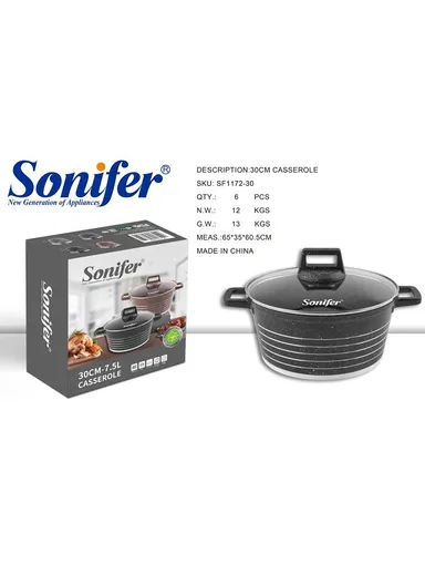 30cm 7.5L Granite &amp; Stainless Steel Casserole Non-Stick, High-Temperature Cooking with Glass Lid SF-1172-30 - Black