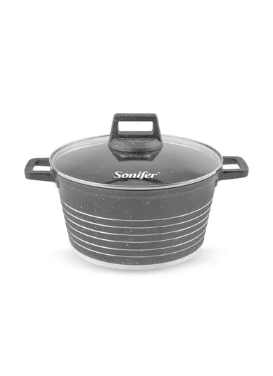 30cm 7.5L Granite &amp; Stainless Steel Casserole Non-Stick, High-Temperature Cooking with Glass Lid SF-1172-30 - Grey