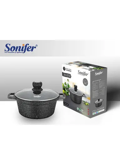 32cm 9.4L Ceramic Coated Pot with Silicone Handle &amp; Flat Glass Lid SF-1163-32