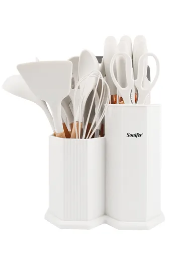 19-in-1 Kitchen Knife Set Include 11 PCS Silicone Cooking Utensils Set 5 PCS Sharp Stainless Steel Chef Knives Scissors, Cutting Board &amp; Storage Bucket - Beige